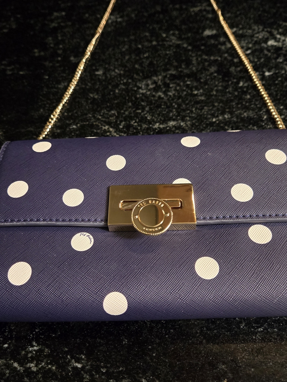 Ted Baker Navy Polka Dot Clutch with Gold Hardware